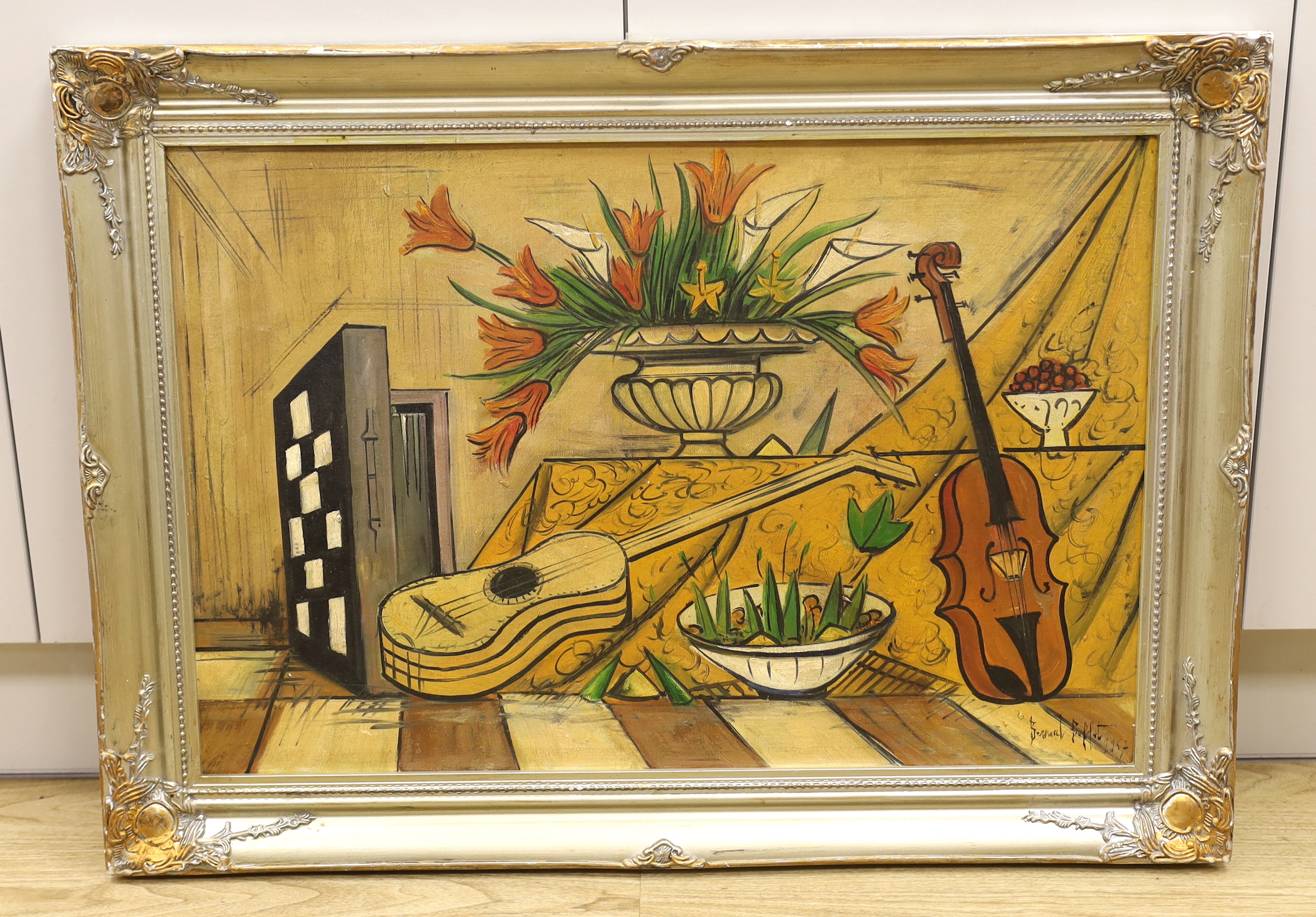 After Bernard Buffet (French, 1928-1999), oil on board, Surreal composition, still life flowers and instruments, 50 x 75cm